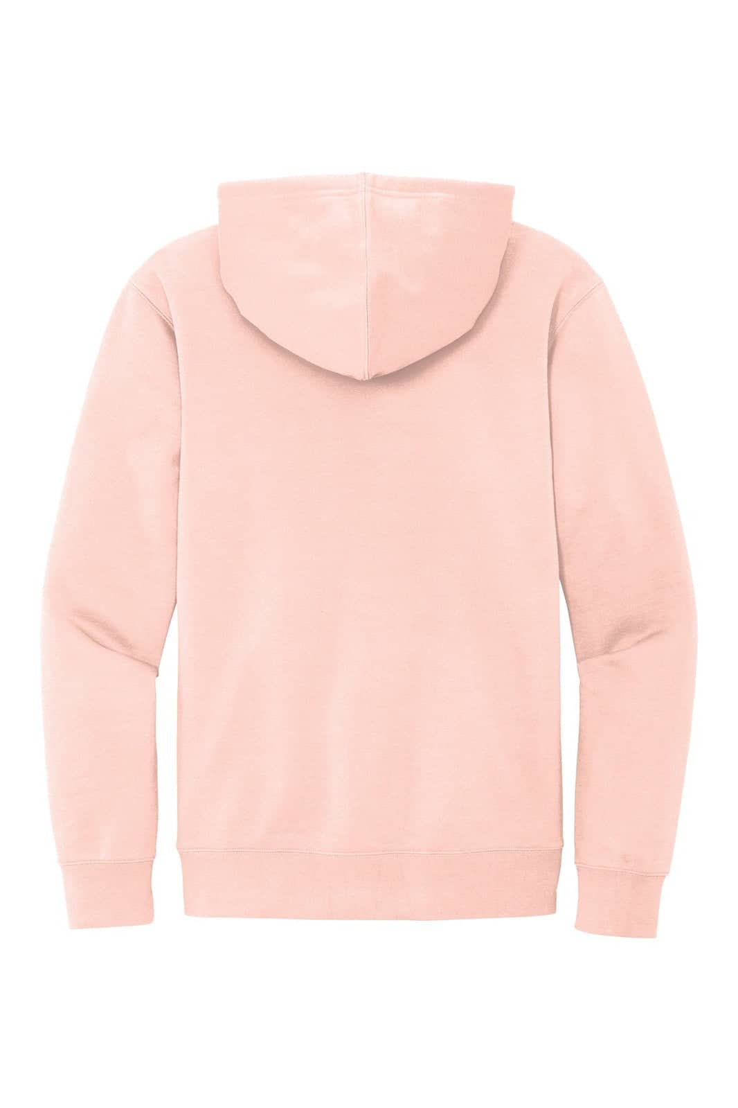 A pink fleece hoodie with a hood and long sleeves, featuring a logo on the back.