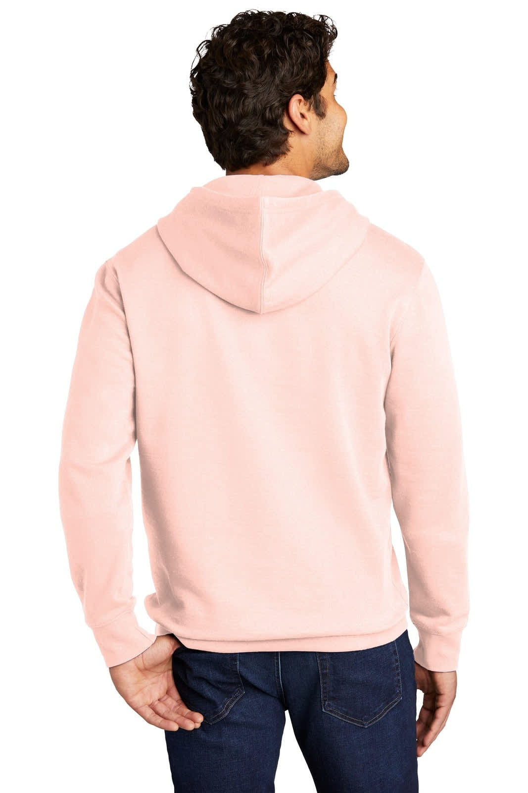 A fleece hoodie in soft pink, featuring a hood and a logo, displayed from the back.