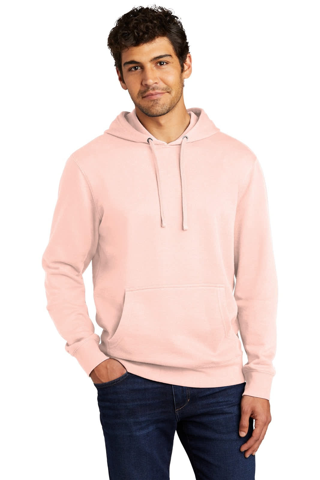 A pink fleece hoodie with a front pocket and a drawstring hood, featuring a logo.