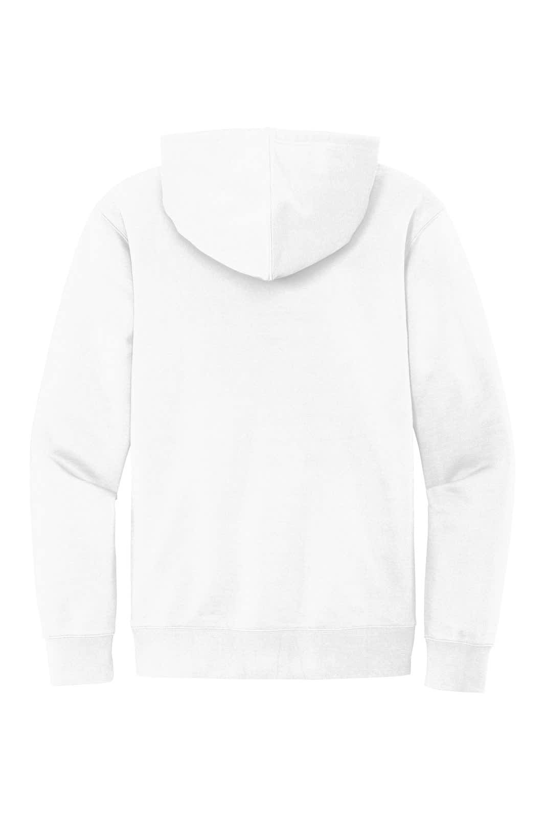 A white fleece hoodie featuring a hood and long sleeves, with a logo on the back.