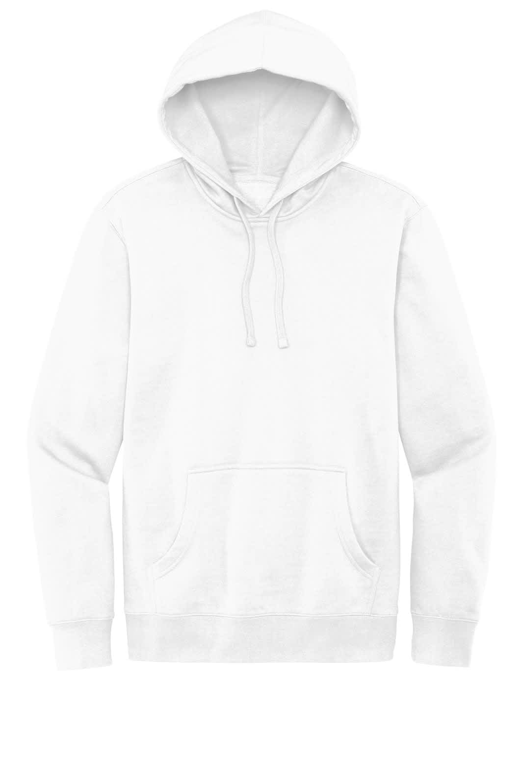A white fleece hoodie with a front pocket and a drawstring hood, featuring a logo on the chest.
