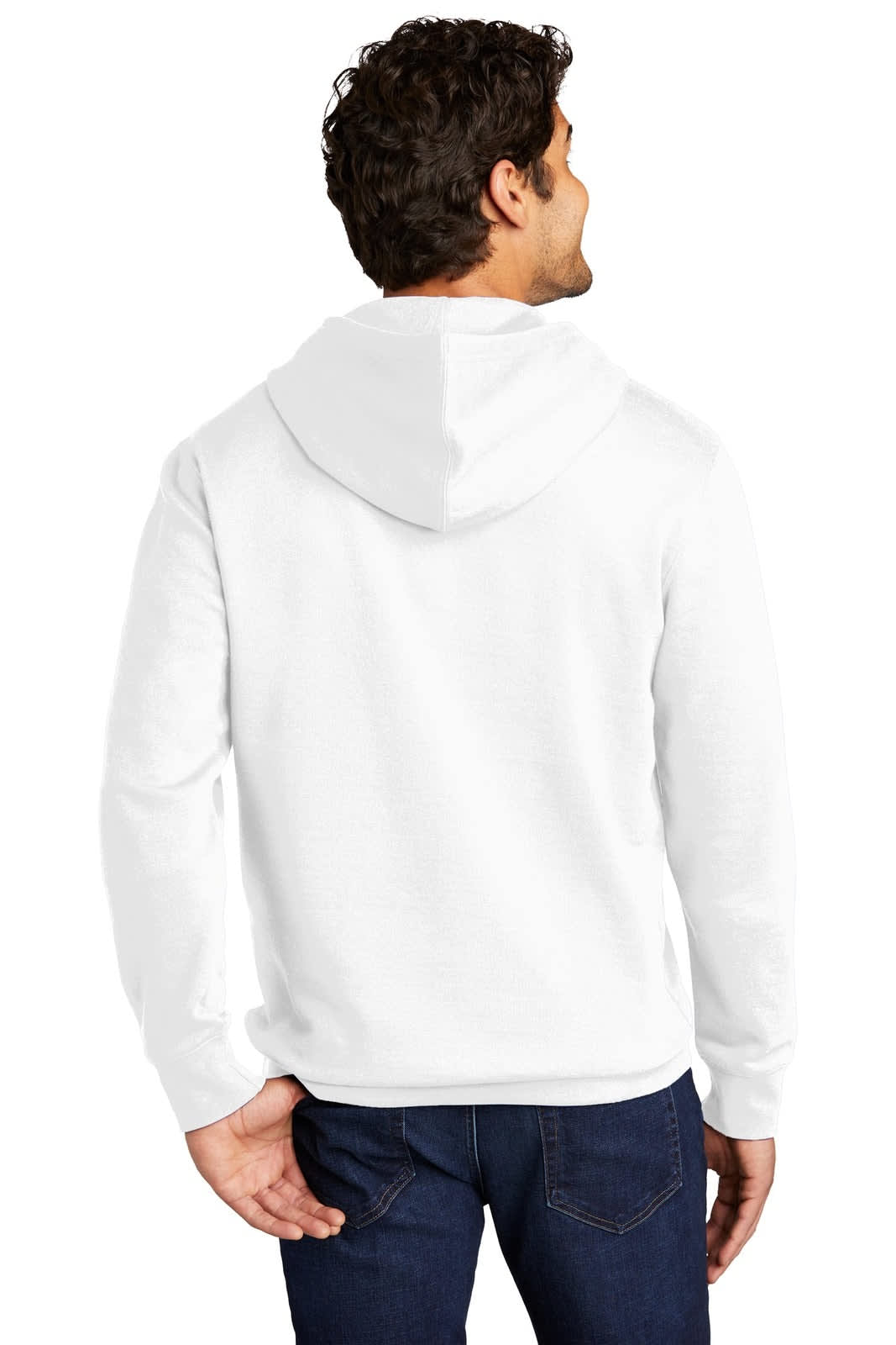 A white fleece hoodie featuring a hood, shown from the back being worn by a man. Includes branding.