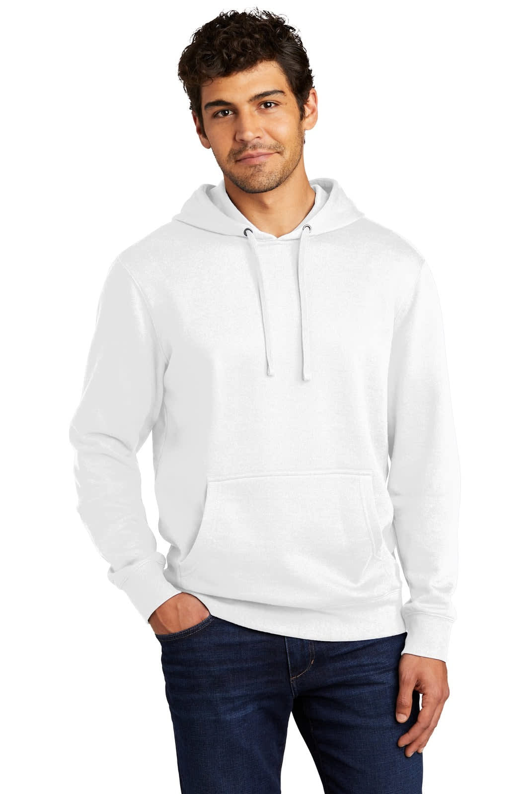 A white fleece hoodie with a front pocket, featuring a hood and a logo. Model stands casually with hands in pockets.