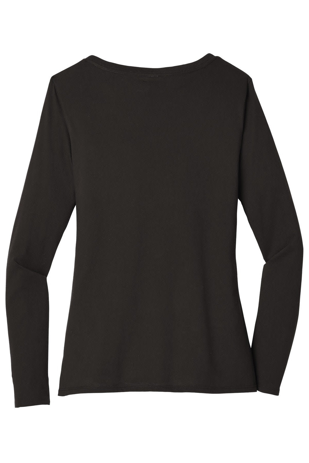 A long sleeve v-neck women's t-shirt in black, featuring a simple design with a logo.
