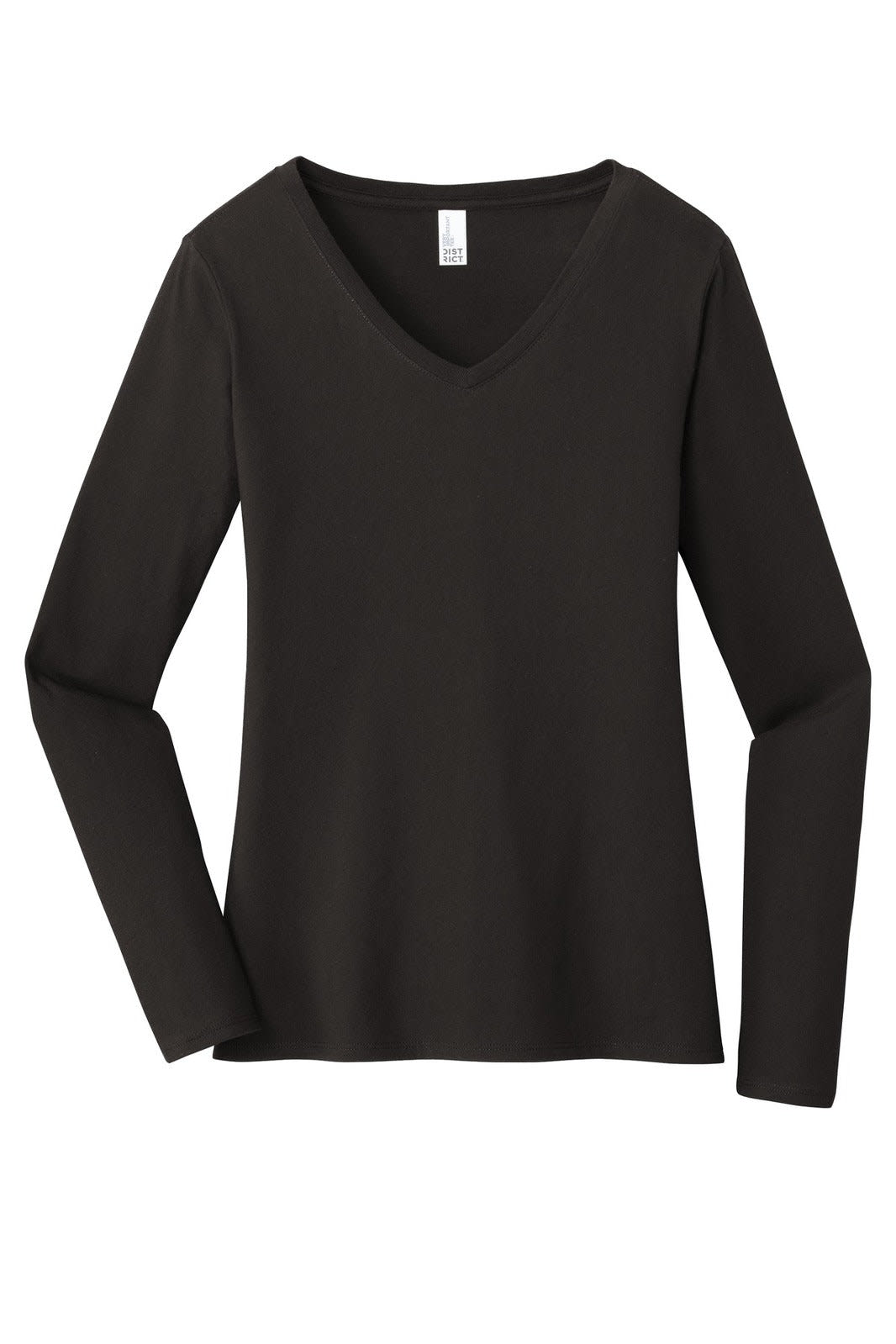 A black long sleeve V-neck women's t-shirt featuring a simple design and a brand logo.