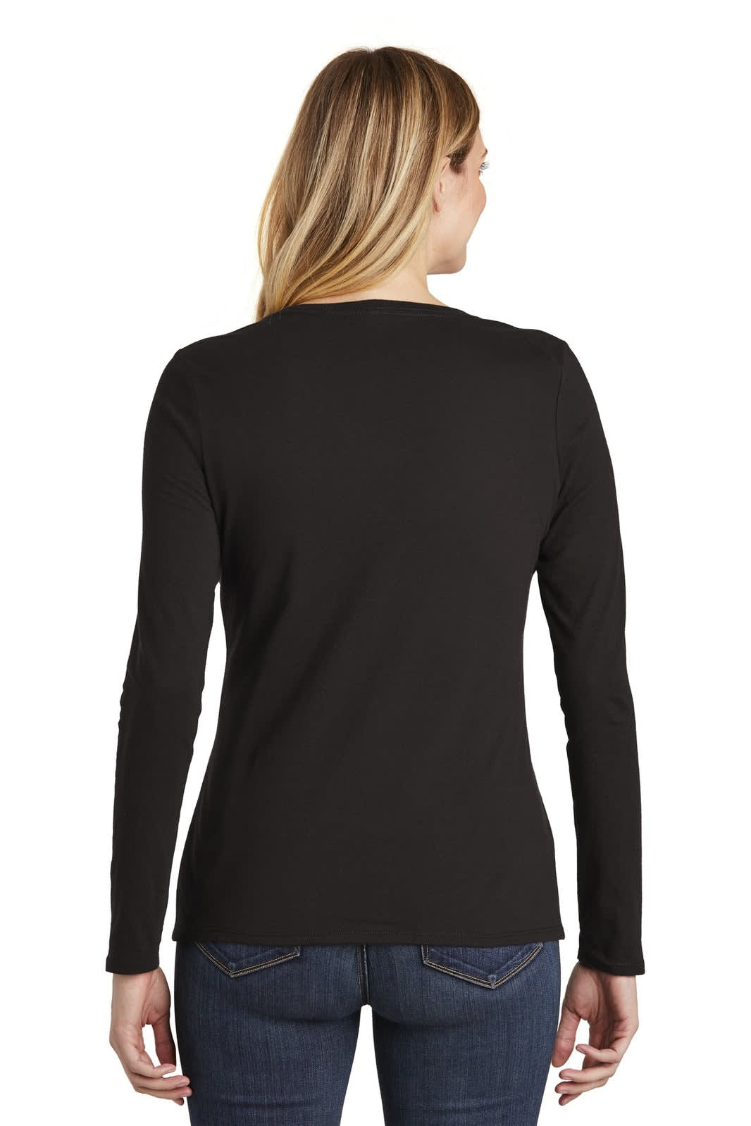 A long sleeve black women's T-shirt featuring a V-neck design and a fitted silhouette. There is a logo on the garment.