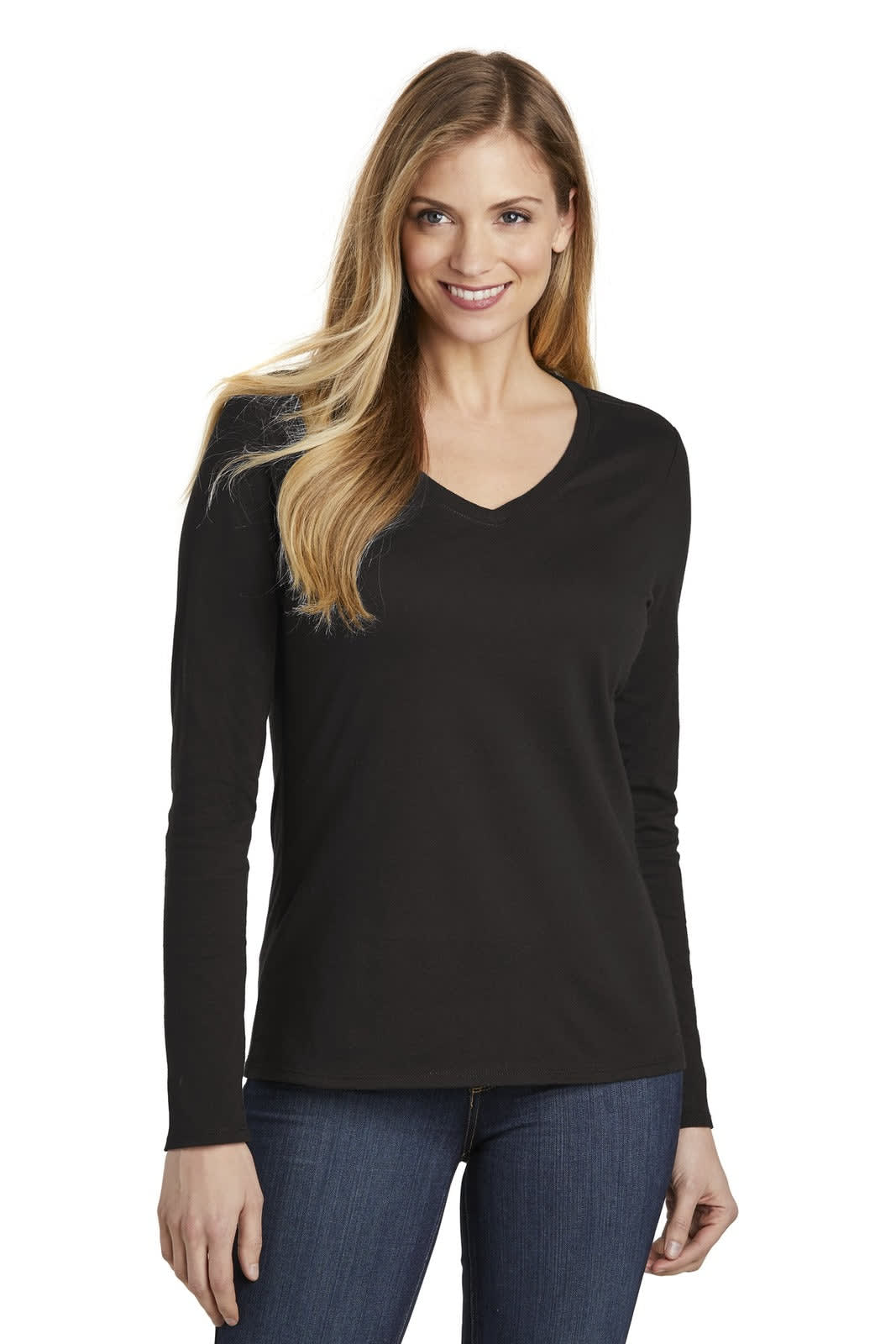 A long sleeve black V-neck T-shirt for women, featuring a fitted style and soft fabric. It has a branding logo.
