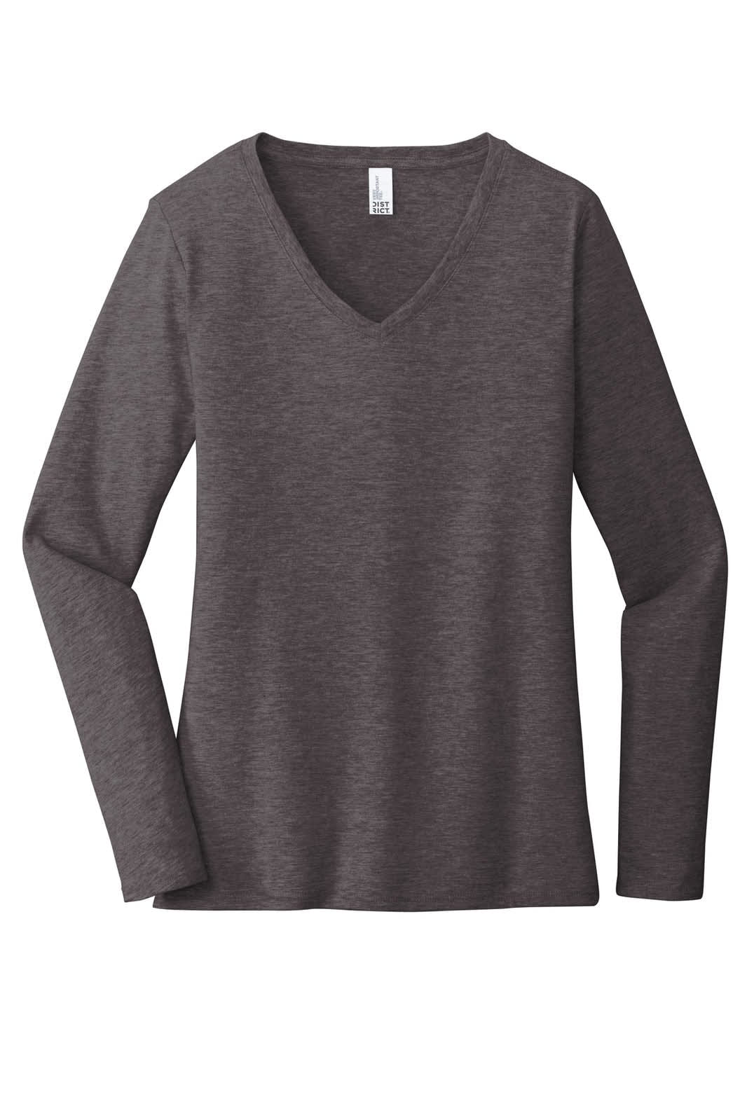A long sleeve v-neck t-shirt in a dark grey colour, featuring a simple design and a logo on the label.