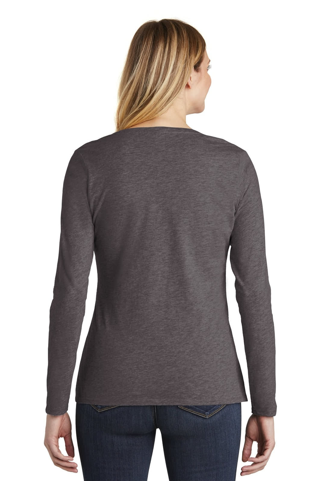 A long-sleeve v-neck women's t-shirt in a dark grey colour, featuring a simple design and fitted shape.