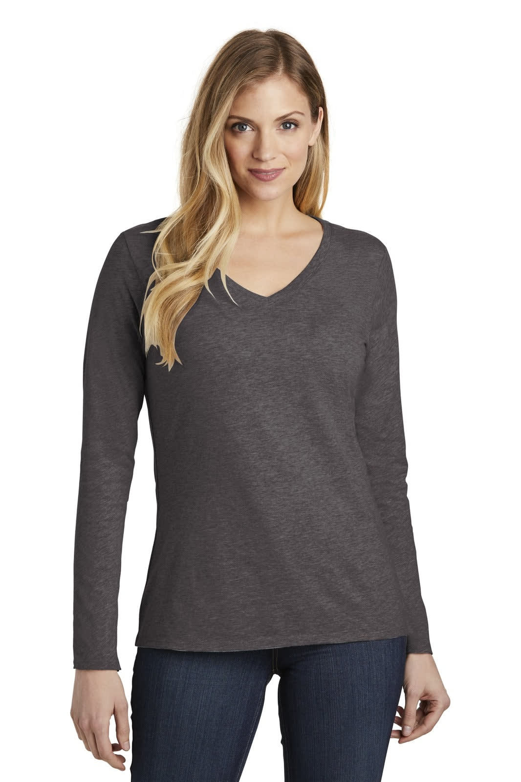 A long sleeve, v-neck women's T-shirt in charcoal grey, featuring a subtle logo on the fabric.