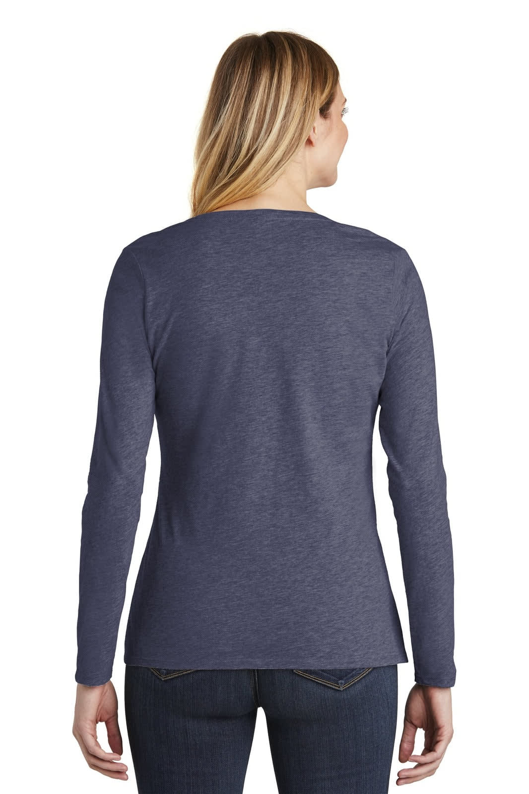 A long sleeve v-neck t-shirt in navy blue, featuring a fitted design and a logo on the back.