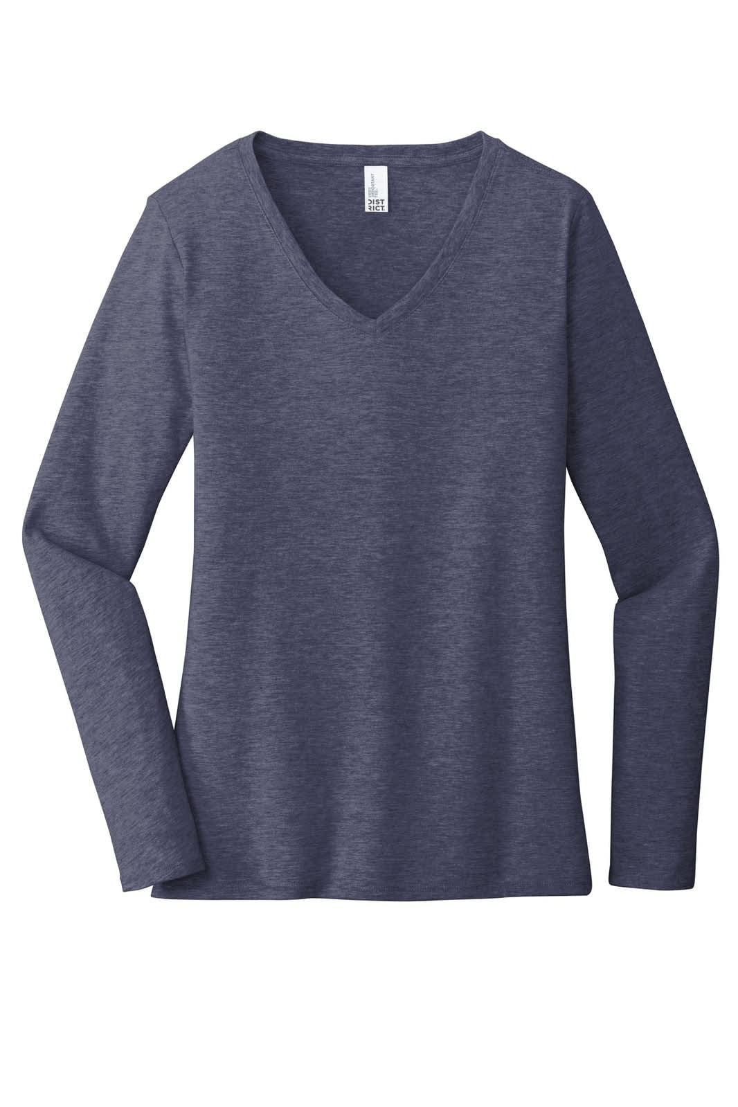 A navy long sleeve V-neck women's t-shirt featuring a relaxed fit and a branding logo.