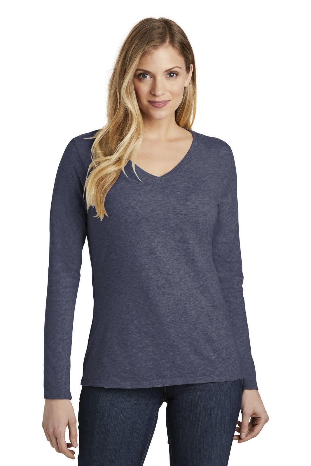 A long sleeve v-neck t-shirt in navy blue, featuring a relaxed fit and a logo on the left side.