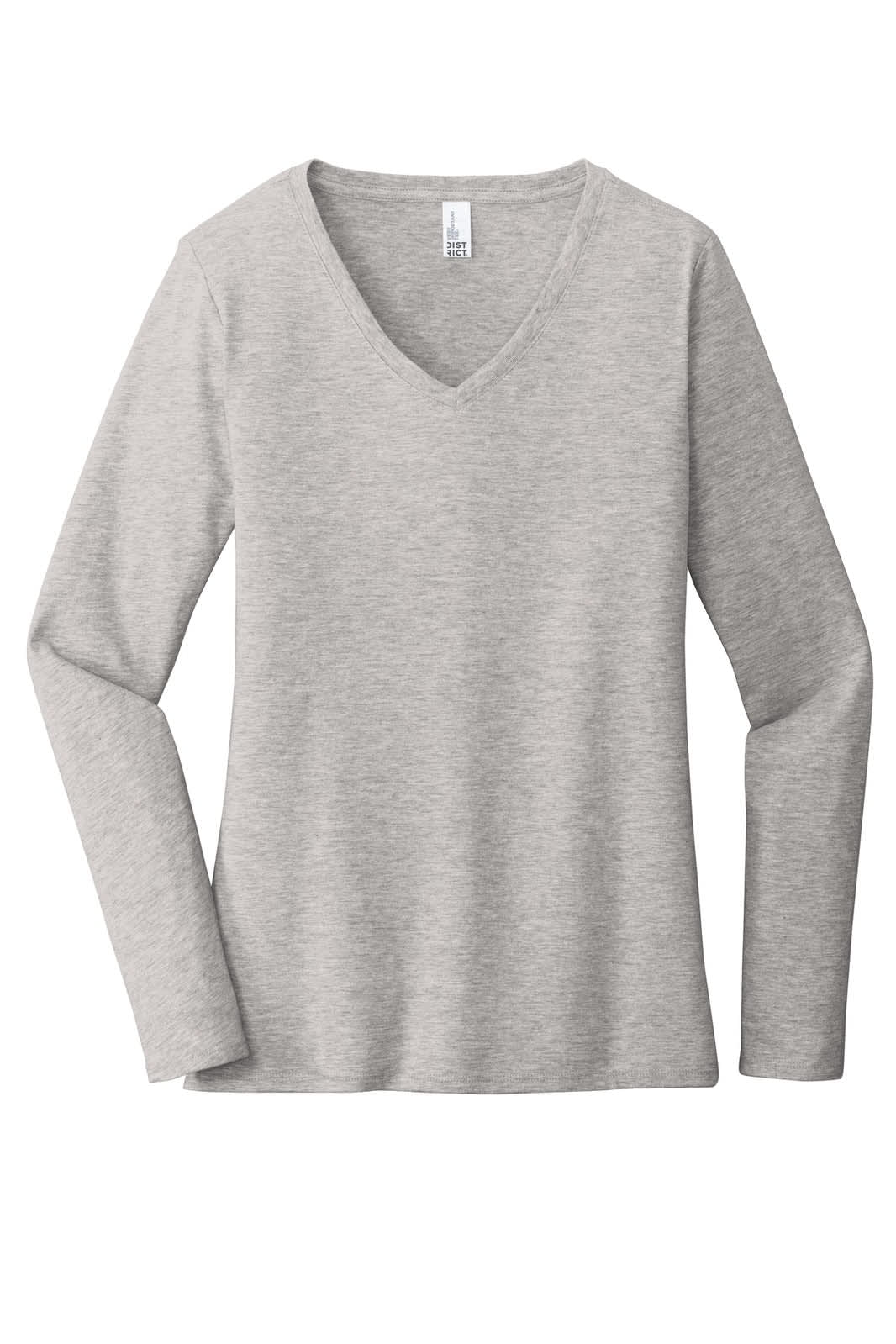 A grey long sleeve v-neck t-shirt with a relaxed fit and a label inside. It features a logo on the fabric.