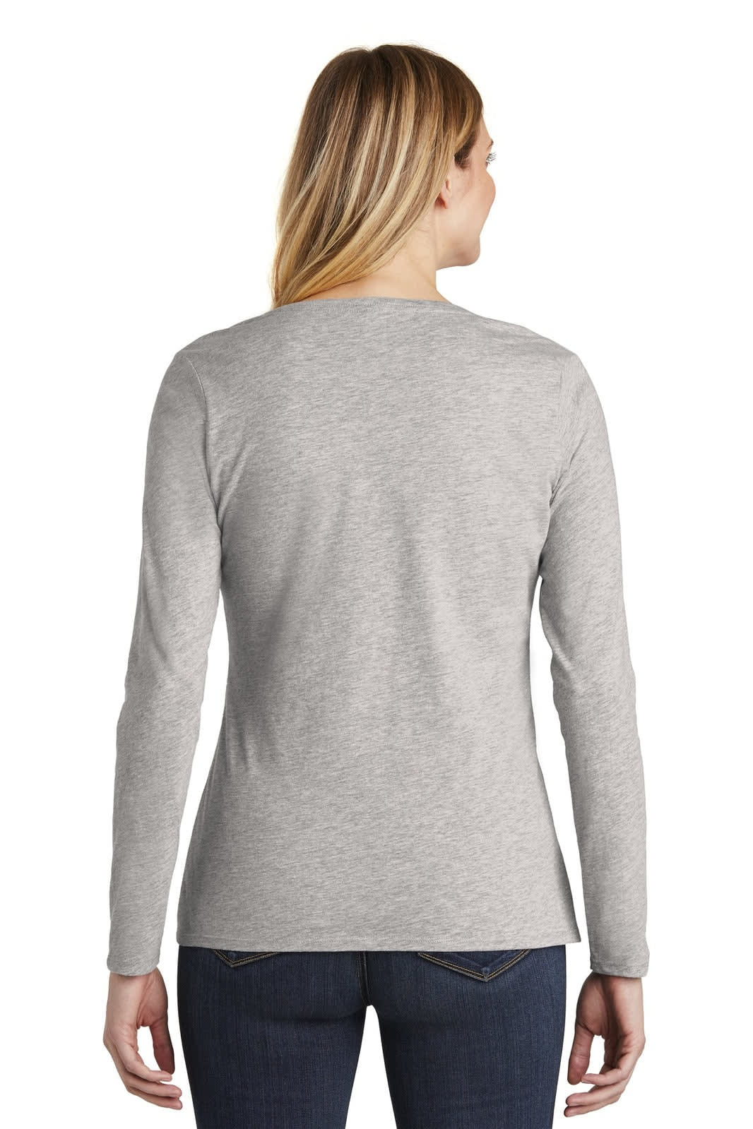 A woman is wearing a grey long sleeve V-neck t-shirt, viewed from the back. The shirt features a logo.