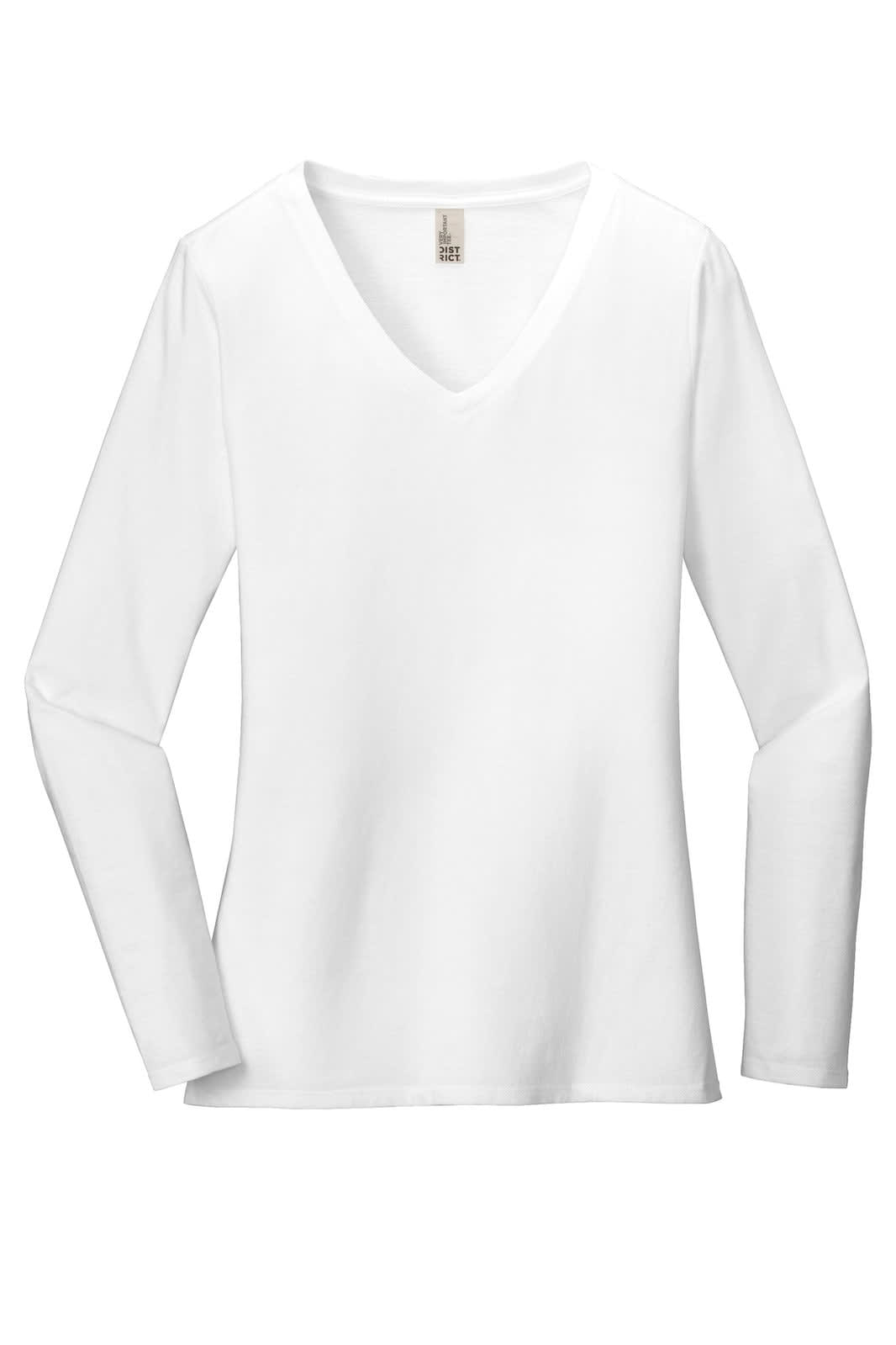 A white long sleeve V-neck T-shirt for women featuring a simple design and a logo on the label.