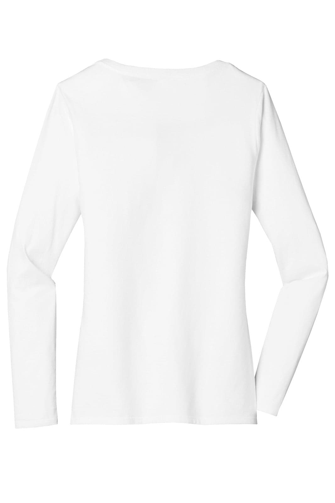 A white long sleeve V-neck T-shirt for women, featuring a simple design and has a logo.