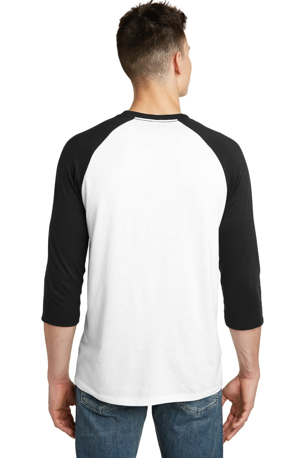 A man wearing a black and white 3/4-sleeve raglan t-shirt, viewed from the back. The shirt has a logo.