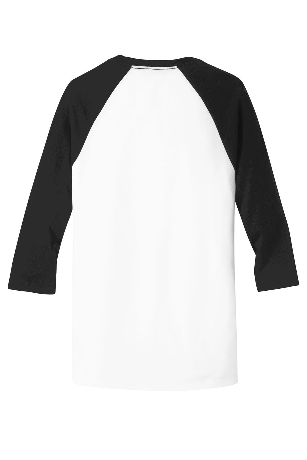 A white and black 3/4-sleeve raglan shirt with a simple design and a logo on the back.