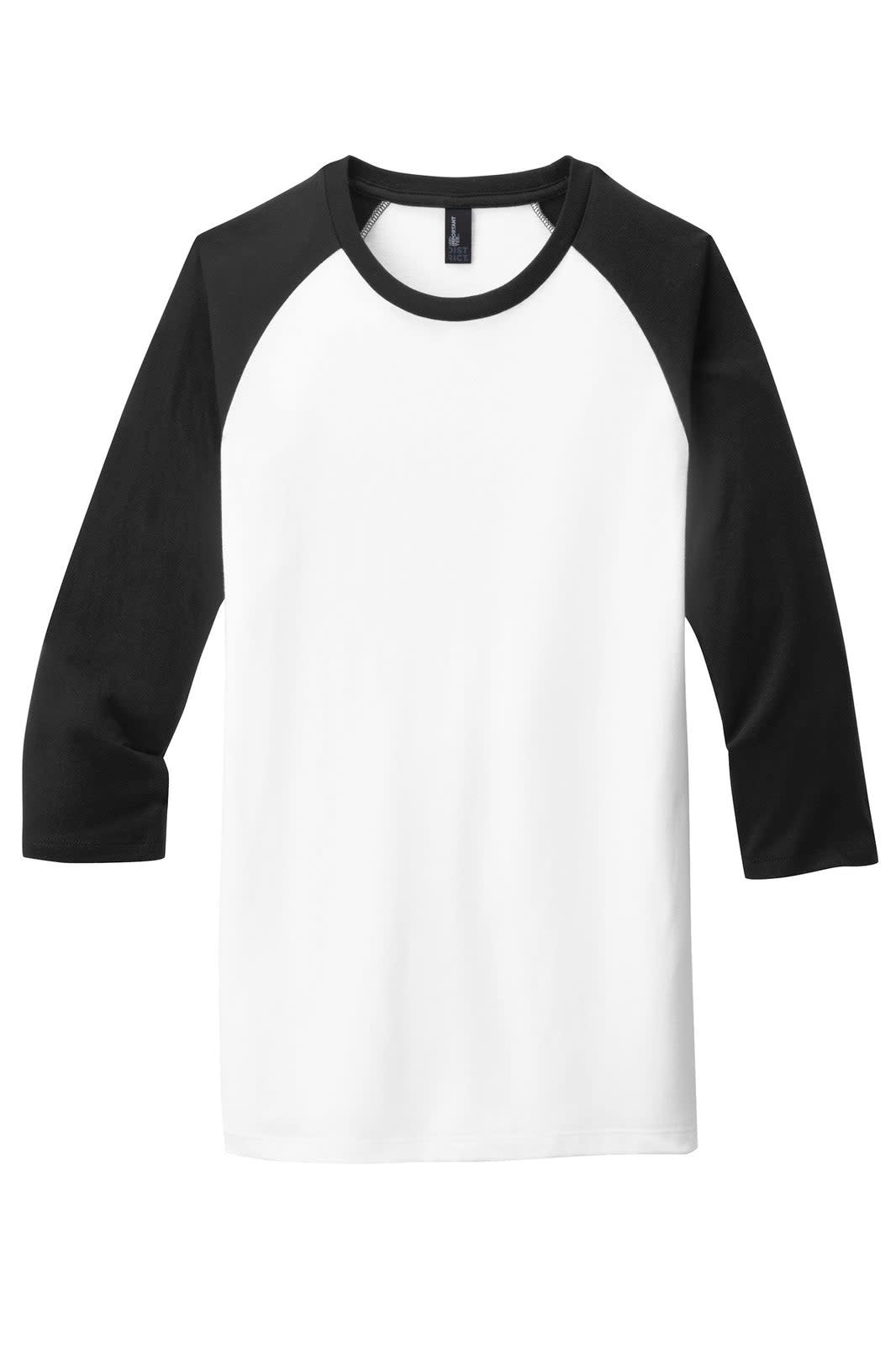 A 3/4-sleeve raglan T-shirt featuring a white body and black sleeves, with a logo on the chest area.