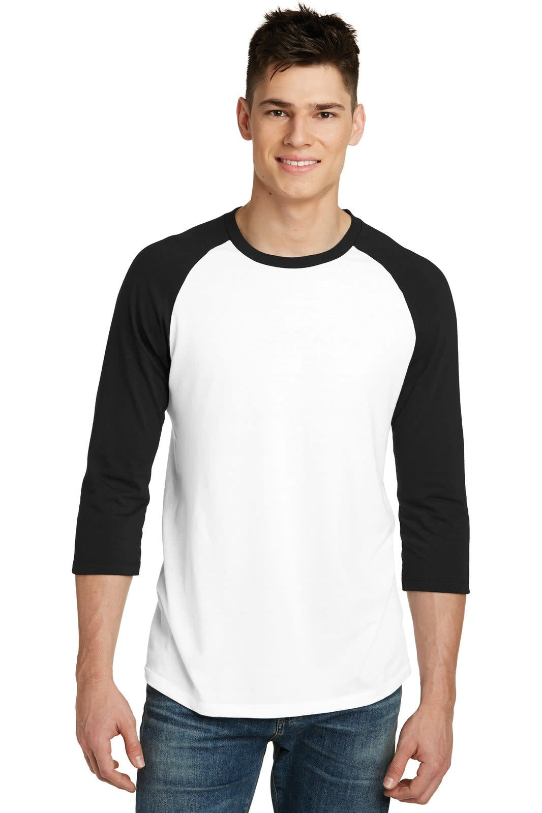 A young man wearing a black and white 3/4-sleeve raglan t-shirt, featuring a classic crew neck design.