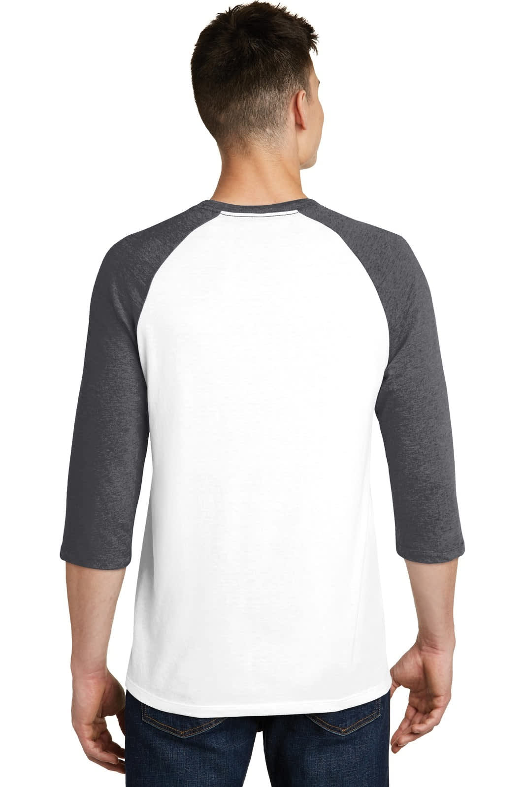 A young man wearing a white and grey 3/4-sleeve raglan t-shirt, viewed from the back. The shirt has a logo.