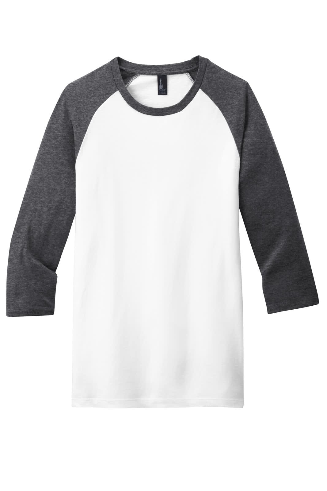 A white t-shirt with grey 3/4 sleeves and a crew neck, featuring a logo on the upper left.