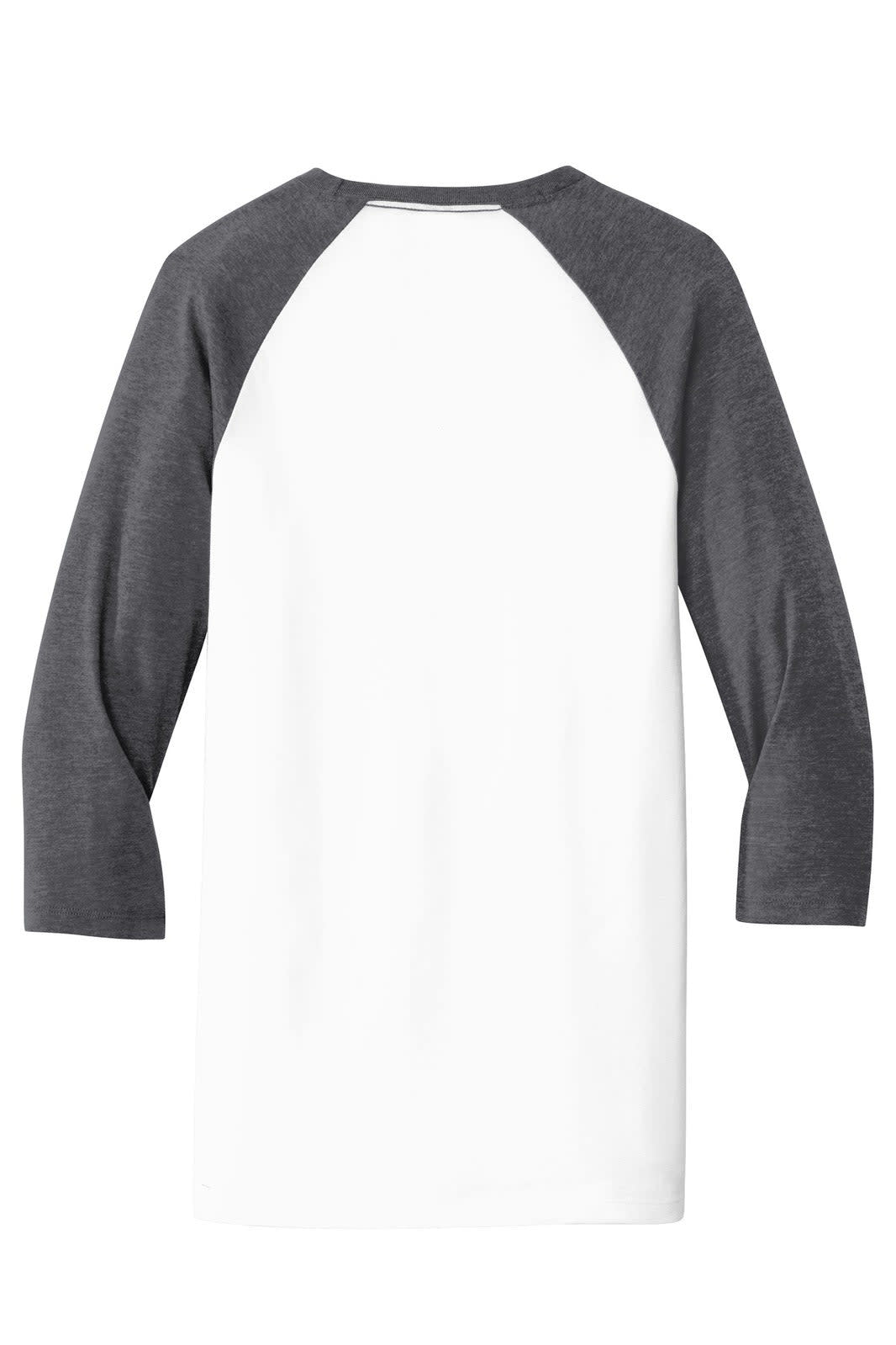 A 3/4-sleeve raglan T-shirt in white with grey sleeves, featuring a logo on the back.