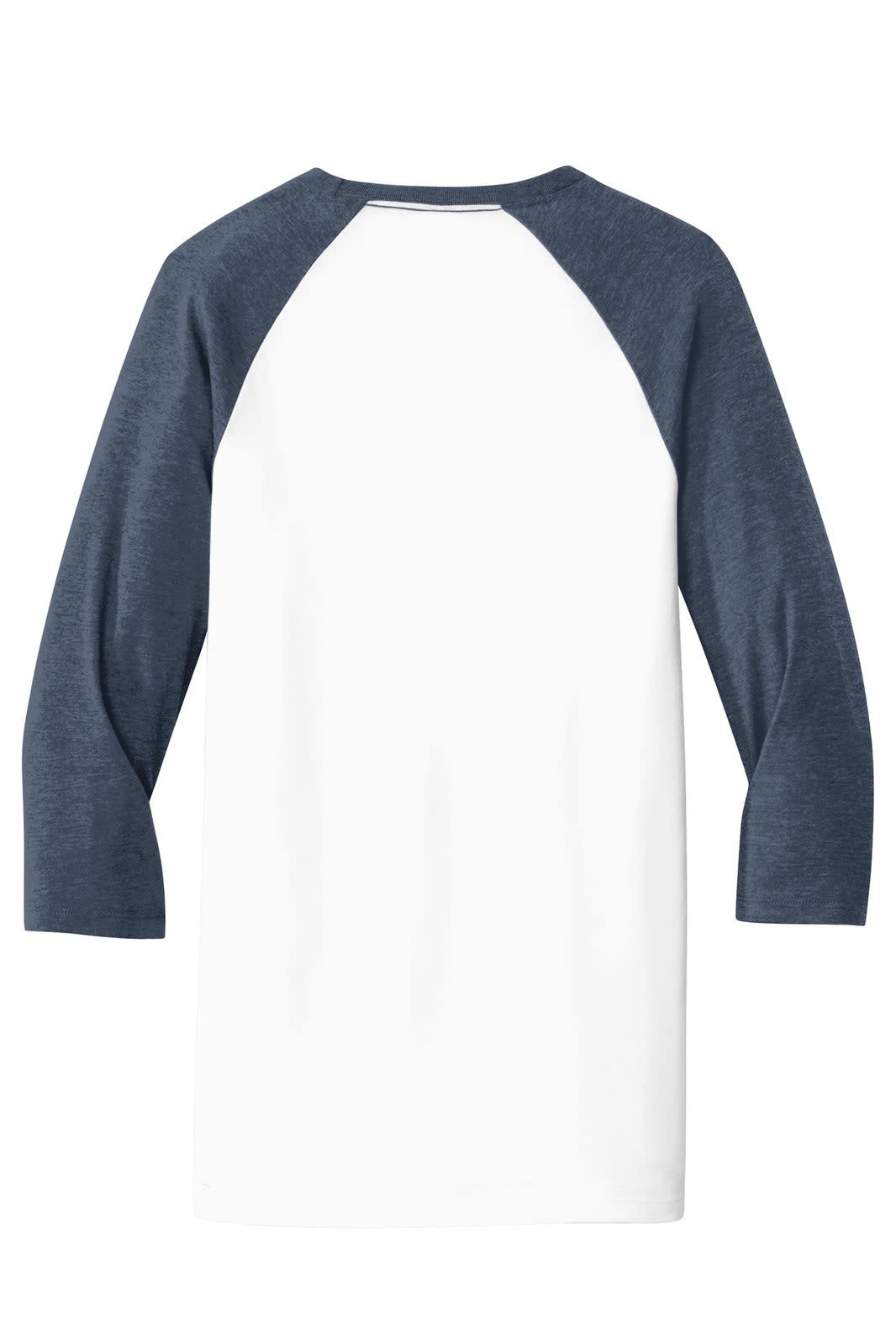 A 3/4-sleeve raglan t-shirt in white with navy sleeves, featuring a logo on the front.