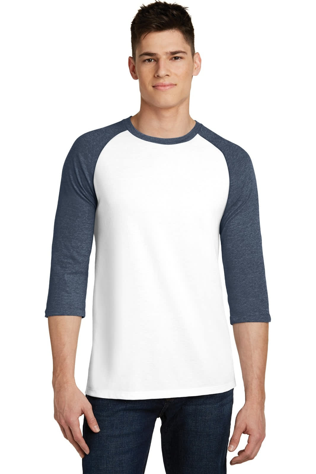 A white 3/4-sleeve raglan t-shirt with navy blue sleeves. It features a logo on the front.