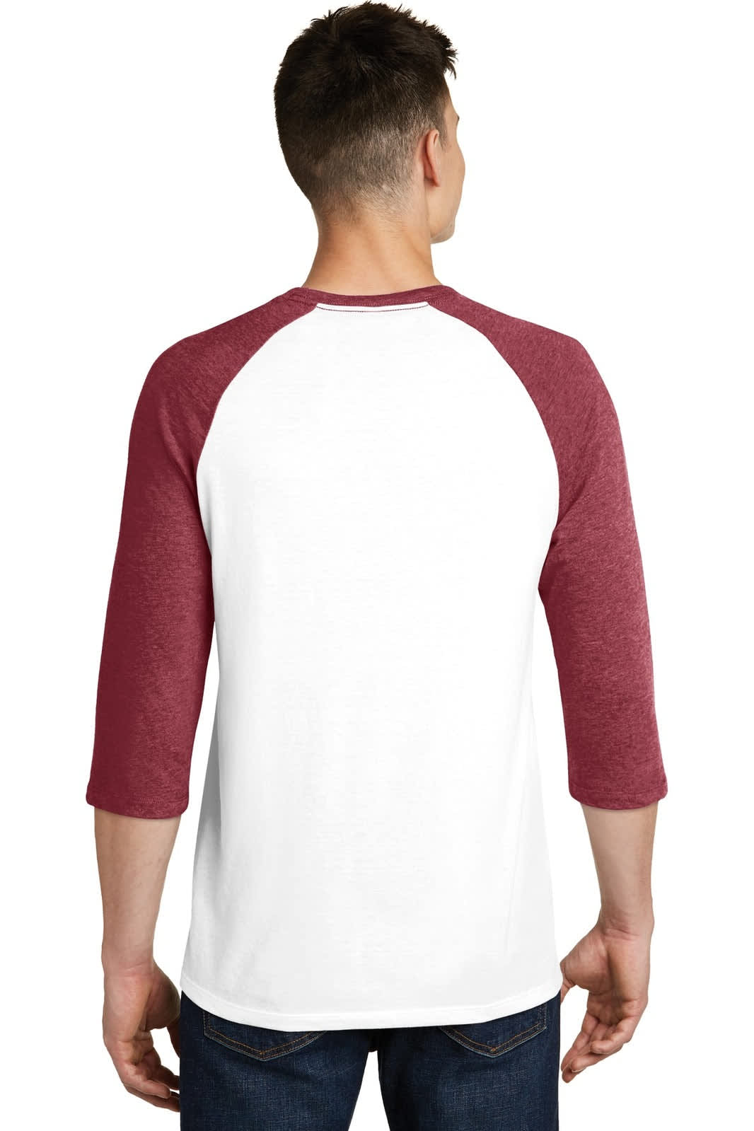 A young man wearing a red and white 3/4-sleeve raglan t-shirt, displaying the back view of the shirt.
