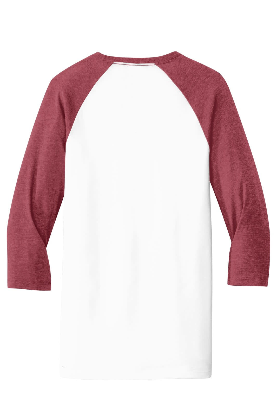 A 3/4-sleeve raglan tee in white with maroon sleeves and a logo on the back.