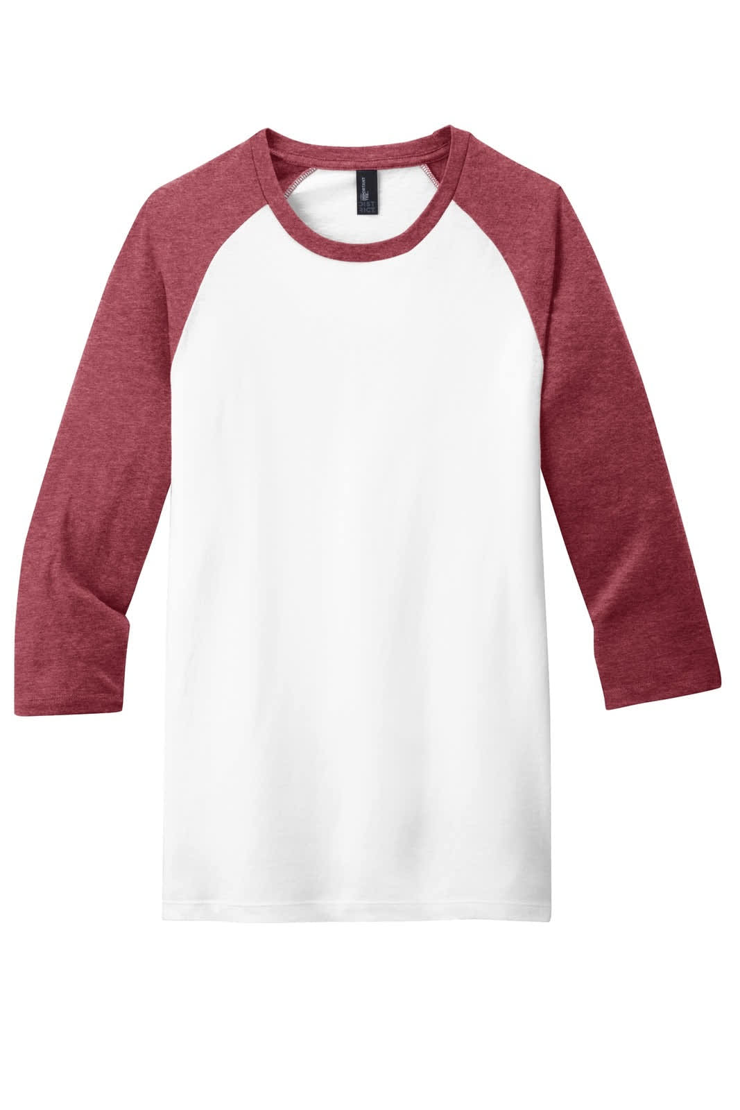 A 3/4-sleeve raglan T-shirt in white and maroon colours, featuring a logo.