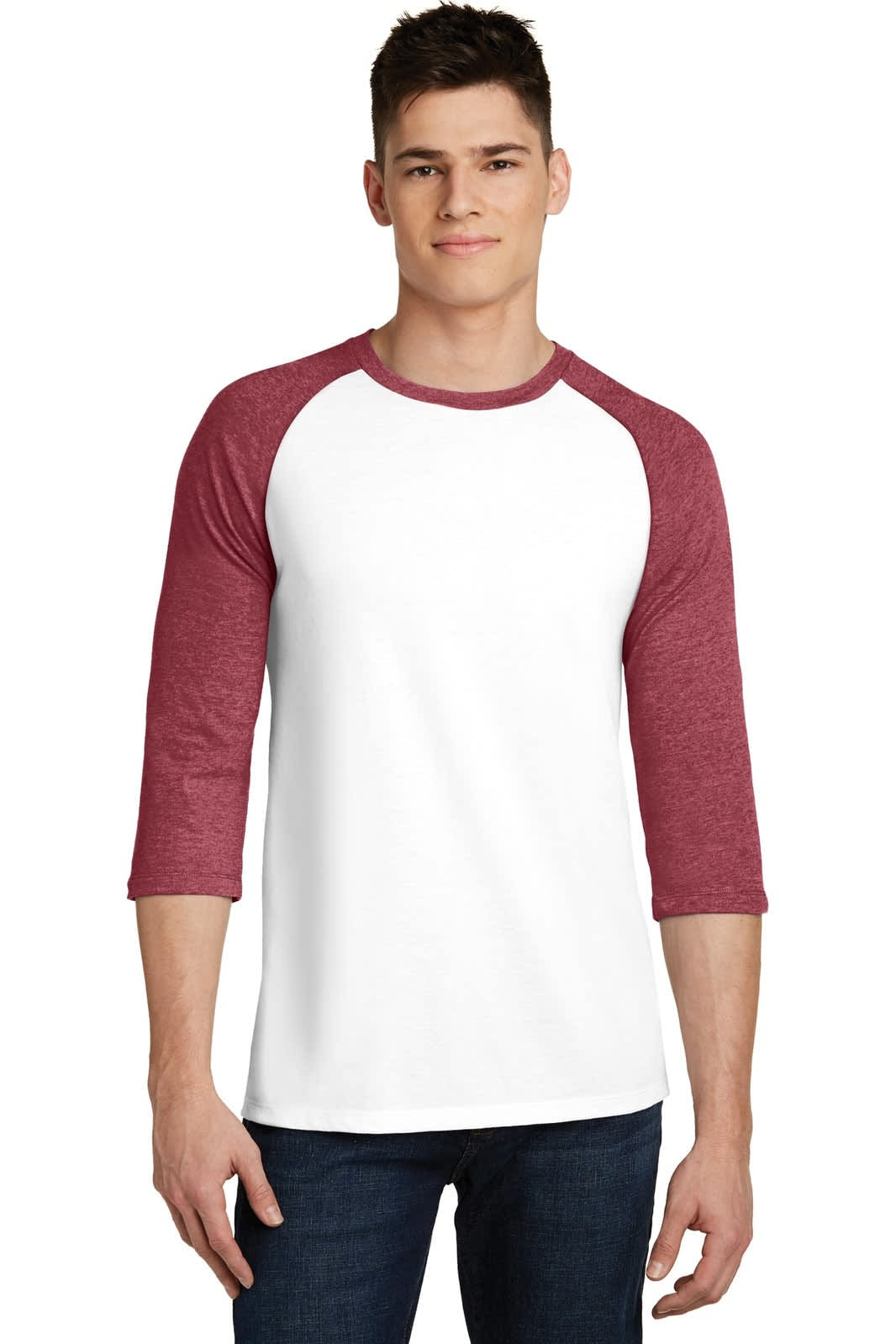 A 3/4-sleeve raglan tee in white with maroon sleeves, featuring a logo on the front.