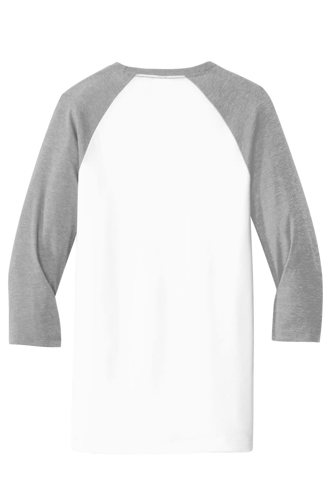 A white 3/4-sleeve raglan t-shirt with grey sleeves and a logo on the chest.