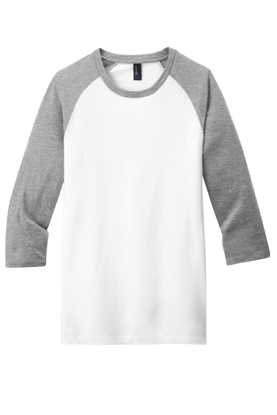 A white 3/4-sleeve raglan tee with grey sleeves. It features a logo on the tag.