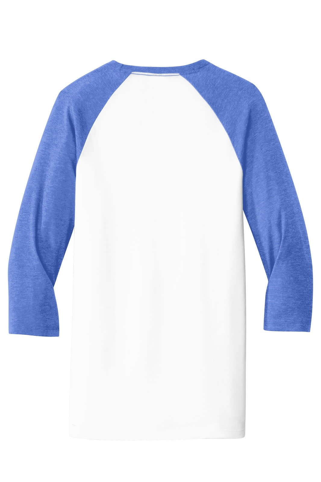A white t-shirt with blue 3/4-sleeves and a logo on the front.