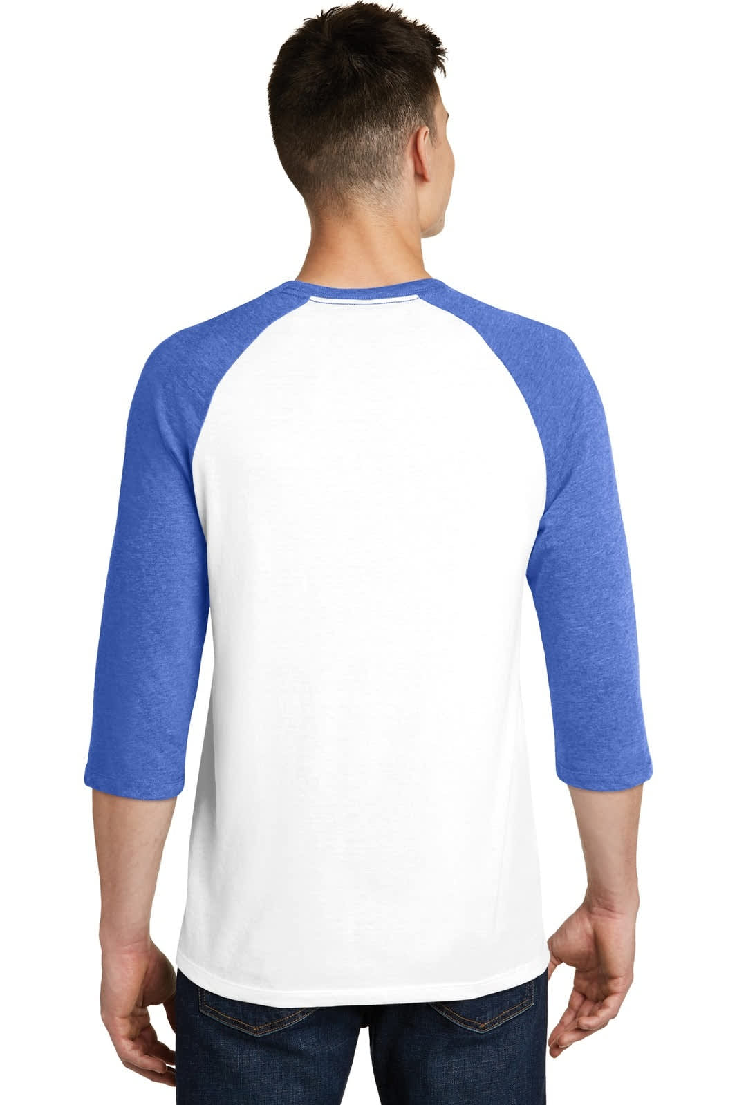A young man wearing a blue and white 3/4-sleeve raglan t-shirt, with a logo on the back.