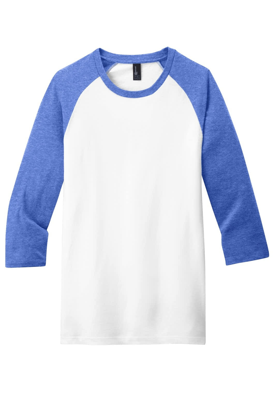 A 3/4-sleeve raglan t-shirt featuring white fabric with blue sleeves. It has a logo on the collar.