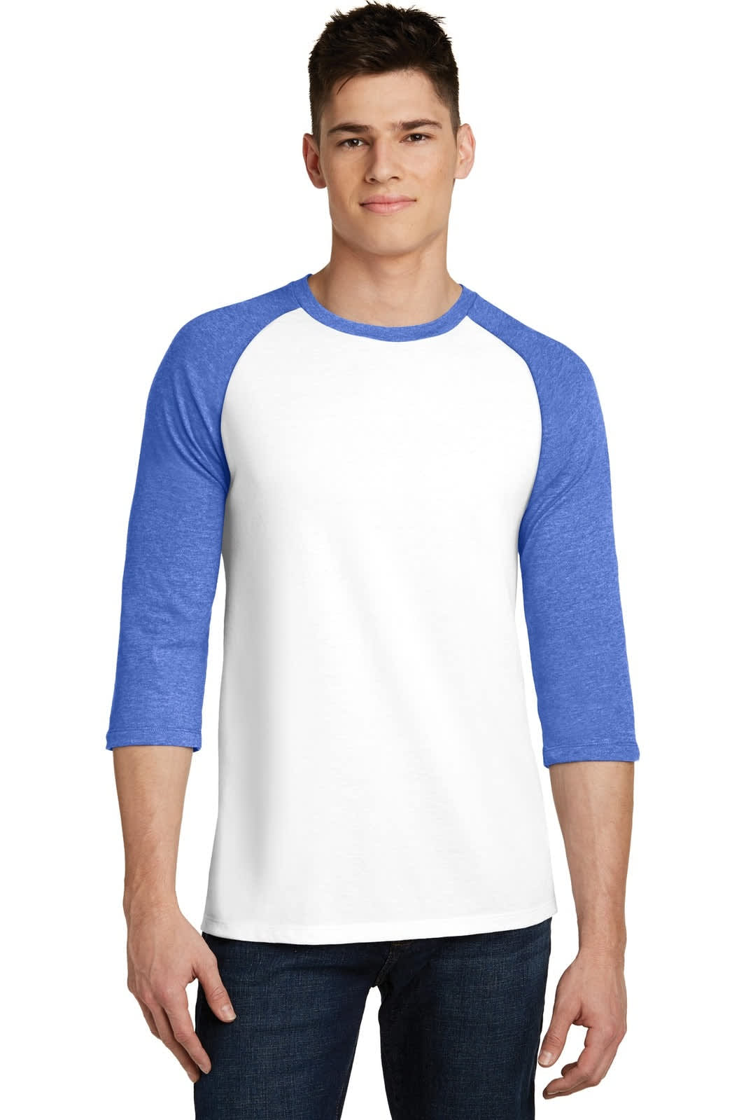 A young man models a white 3/4-sleeve raglan T-shirt with blue sleeves. The shirt features a logo on the front.