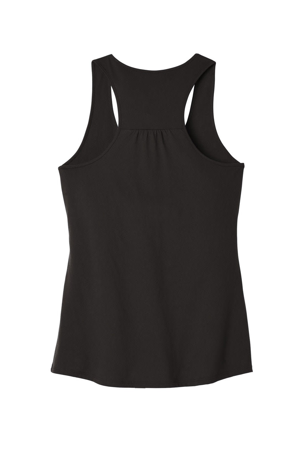 A black gathered back tank top with a sleeveless design and a logo. Suitable for women's casual wear.