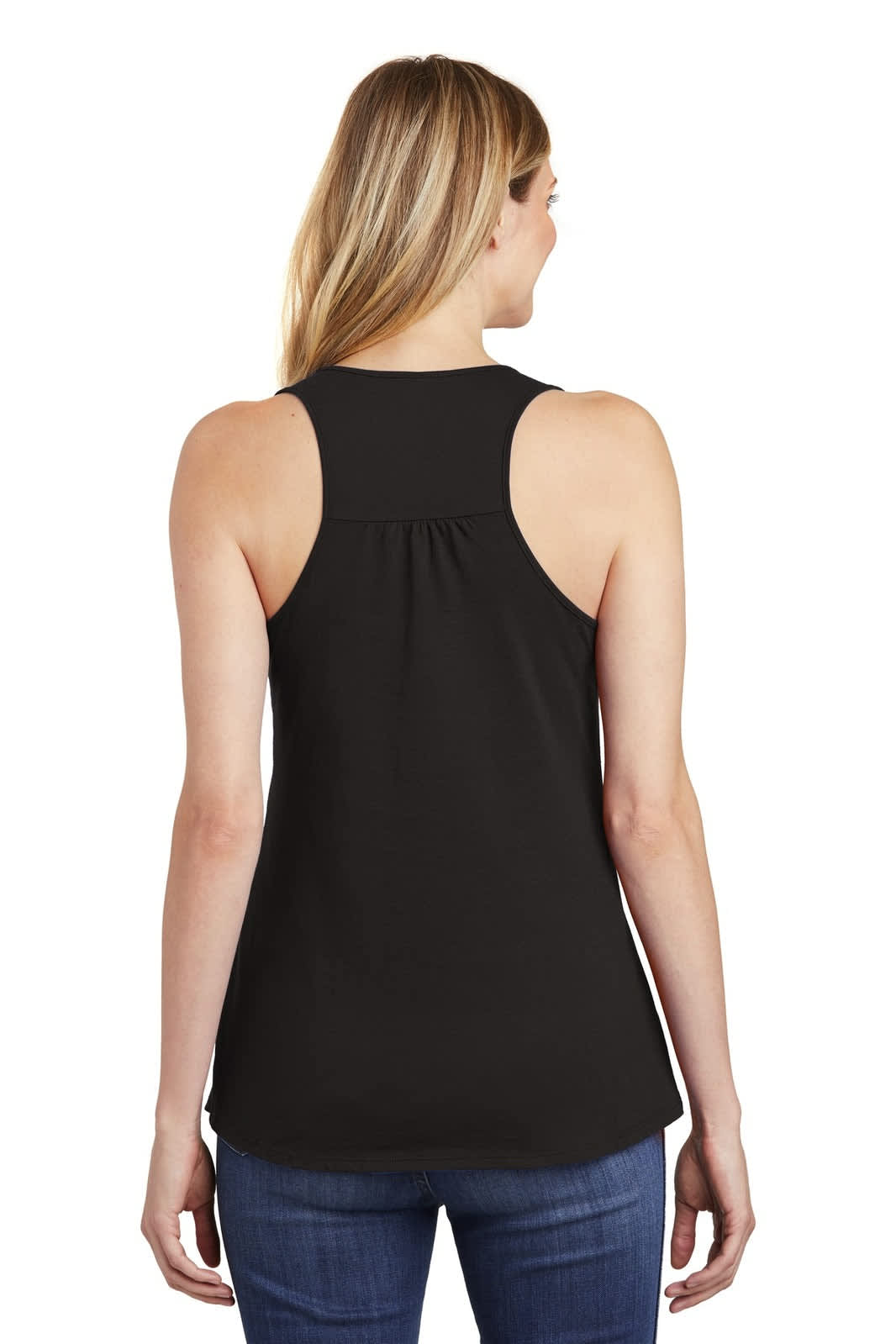 A black women's tank top with a gathered back, featuring a sleek design and no visible logos.