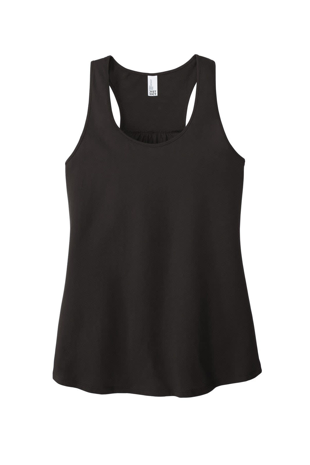 A black gathered back tank top with a sleeveless design and a logo. Suitable for casual wear.