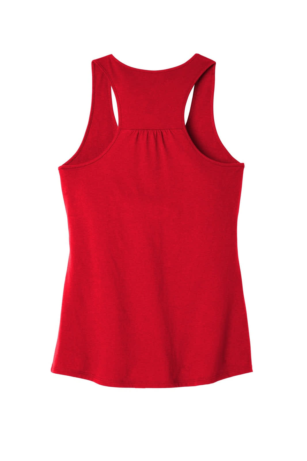 A red gathered back tank top with a sleeveless design and a logo.