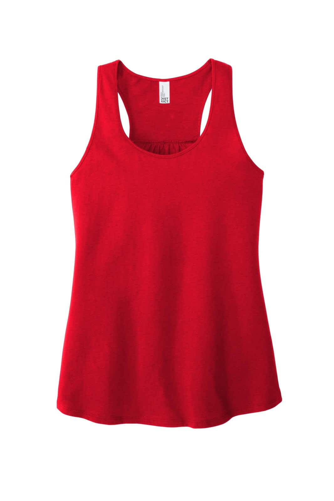 A red women's tank top with a gathered back design and a logo on the label.