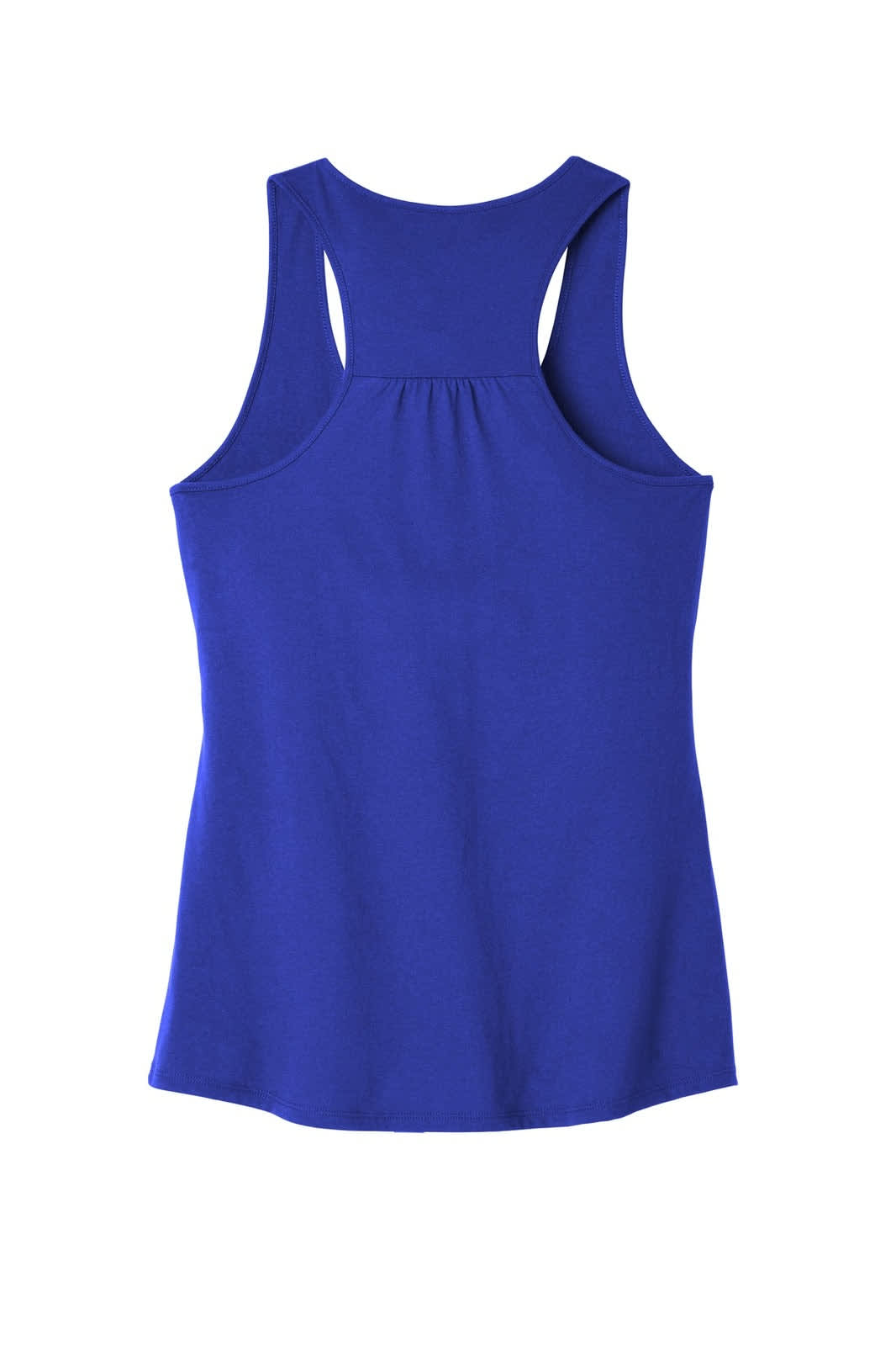A blue gathered back tank top with a sleeveless design and a logo at the back.