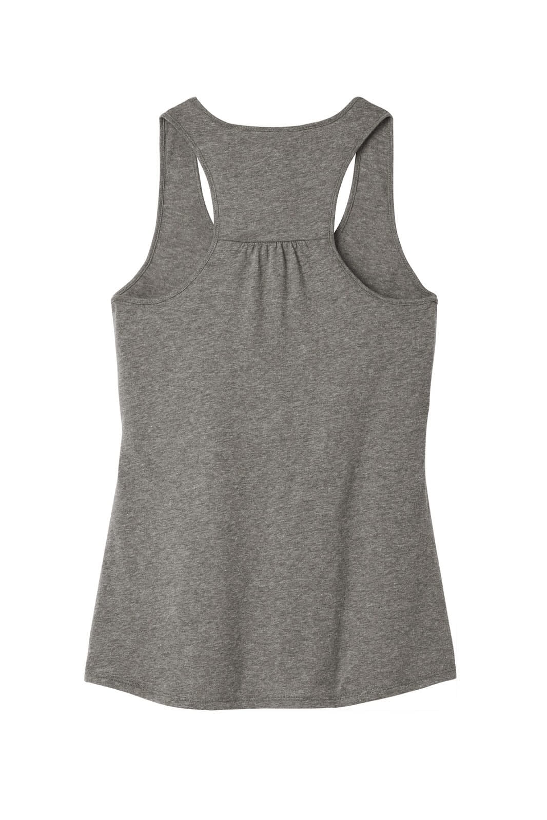 A grey tank top with a gathered back design and a logo present.