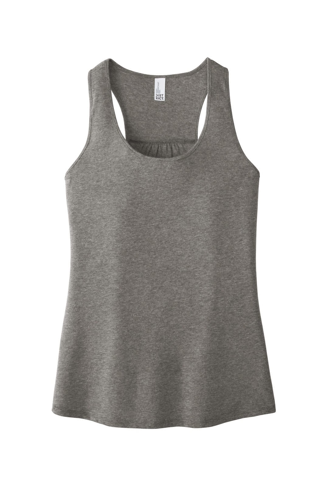 A grey gathered back tank top with a scoop neckline and a logo on the label.