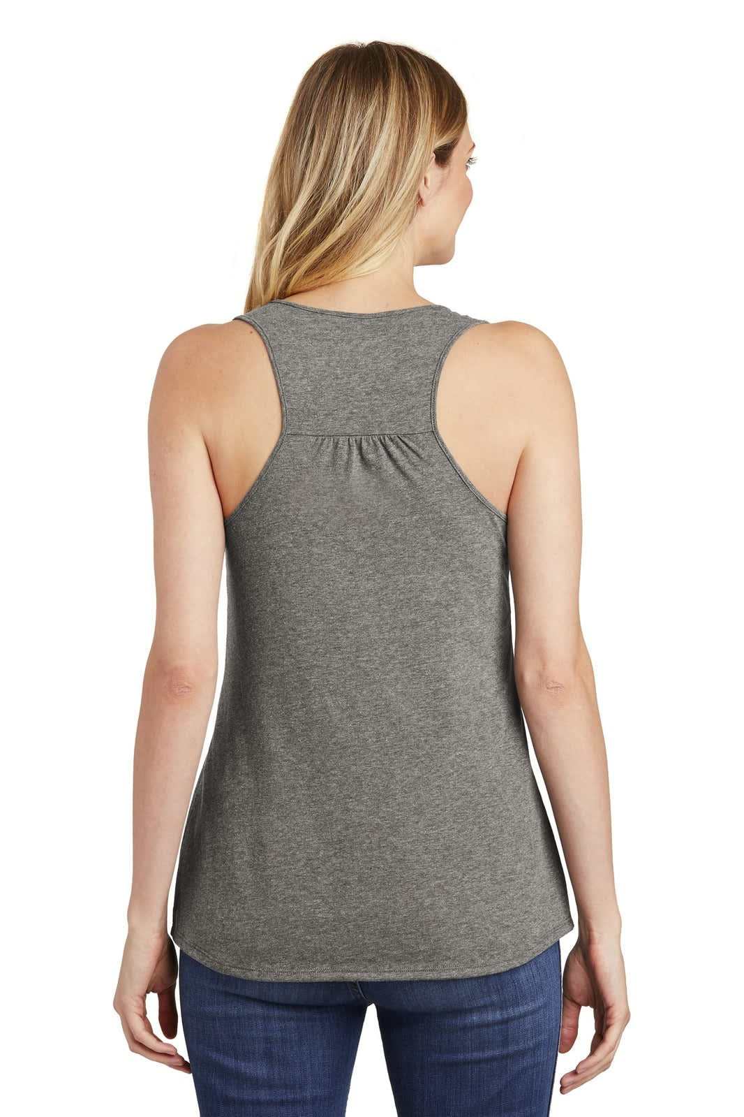 A grey women's tank top with a gathered back design, featuring a logo. The model is shown from the back.
