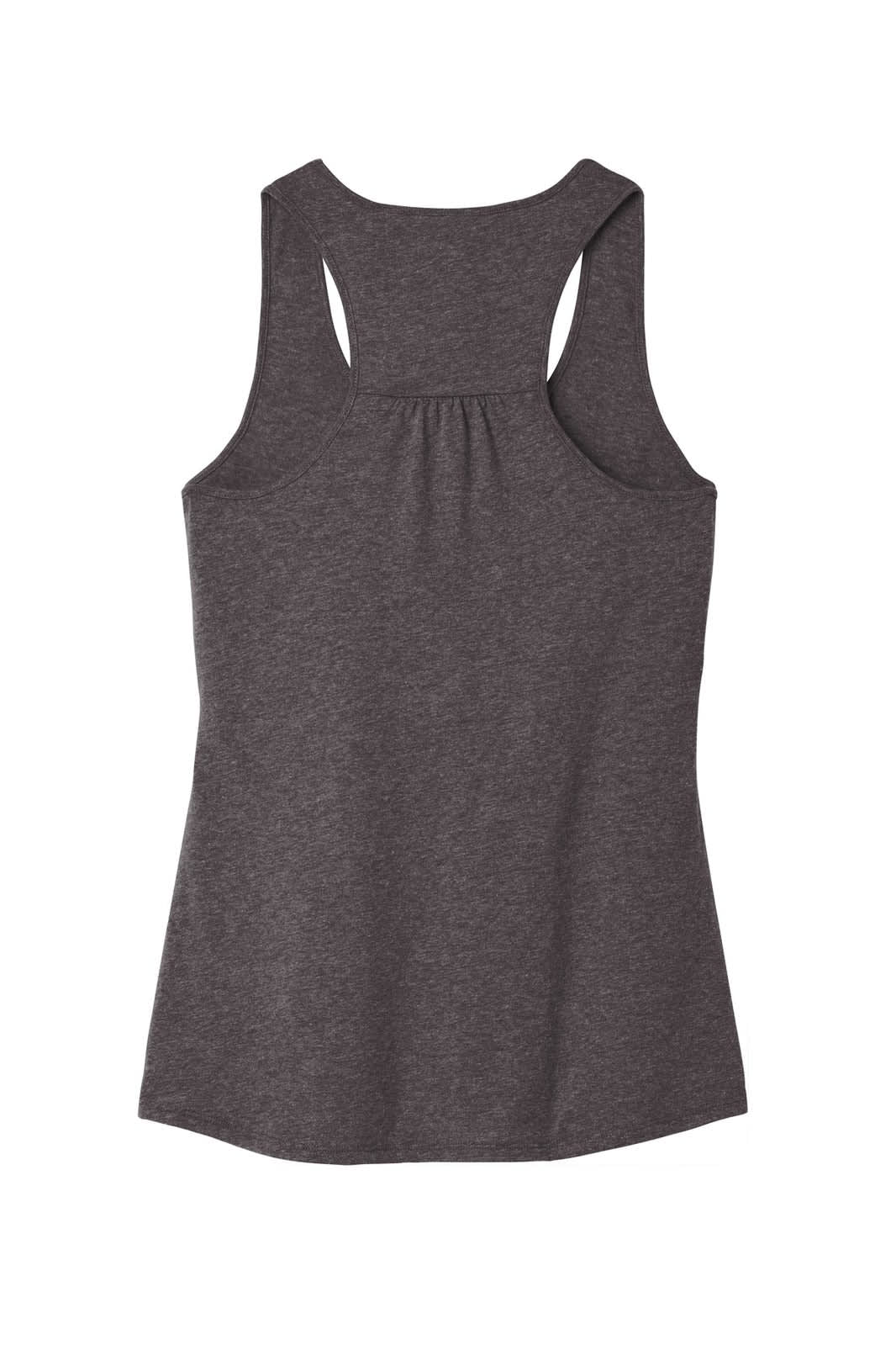 A dark grey tank top with a gathered back and a racerback design. Features a logo.